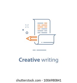 Creative writing, storytelling concept, pencil and paper, copywriting, vector line icon