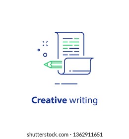 Escritura creativa, concepto narrativo, lápiz y papel, escritura de copias, icono de línea vectorial