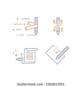 Creative writing, storytelling concept, pencil and paper, copywriting, vector line icon set