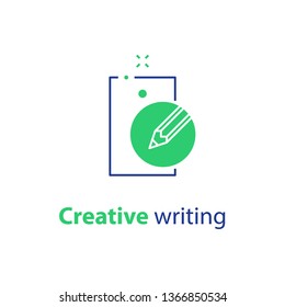 Creative writing, storytelling concept, pencil and sheet of paper, copy writing, vector line icon