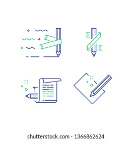 Creative Writing, Storytelling Concept, Pencil And Paper, Copywriting, Vector Line Icon Set