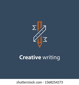 Creative writing, storytelling concept, pencil and ribbon, copywriting, vector line icon
