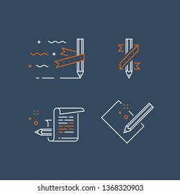 Creative writing, storytelling concept, pencil and paper, copywriting, vector line icon set