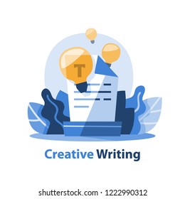 Creative writing and storytelling concept, text document and light bulb, vector illustration