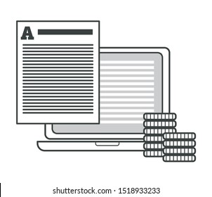 Creative writing and storytelling, copywriting concept, printed text document and laptop isolated icon vector. Computer and earning money, coins stacks. Proofreading, paper sheet, article or story