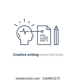 Creative writing and storytelling, copywriting, neuroscience research, brain work study, psychology education concept, vector icon