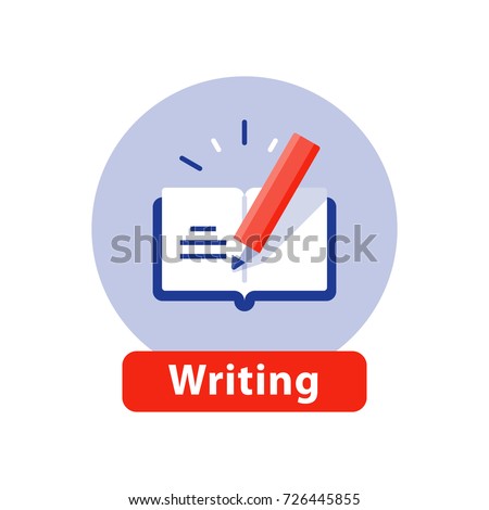 Creative writing and storytelling, education concept, opened book, school study, learning subject, book review summary, vector icon, flat illustration