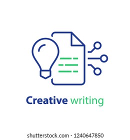 Creative writing and storytelling, read summary, terms and conditions, text improvement, vector line icon, linear illustration