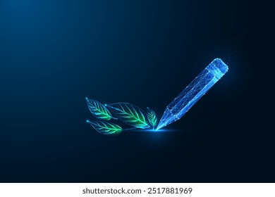 Creative writing, sustainability, content creation, digital storytelling abstract concept. Glowing pencil and green leaves on dark blue background. Abstract low polygonal design vector illustration