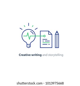 Creative writing and thinking concept, storytelling idea lightbulb, vector mono line icons