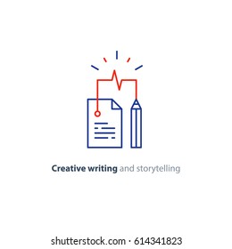 Creative writing and thinking concept, storytelling, assay composition, education, vector mono line icons