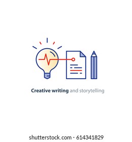 Creative writing and thinking concept, storytelling idea lightbulb, vector mono line icons