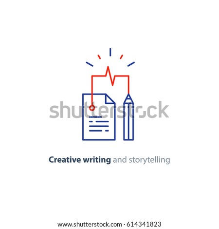 Creative writing and thinking concept, storytelling, assay composition, education, vector mono line icons