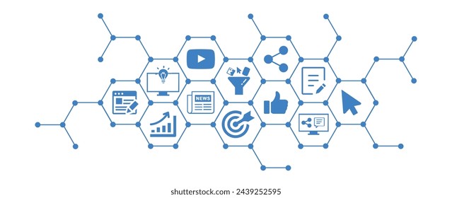 Creative writing vector illustration. Concept with connected icons related to content marketing, website communication and traffic, journalism, social media or blog