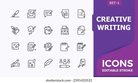 Creative writing vector line icon set. Contains linear outline icons like idea, bookstore, pen, notepad, novel. Expanded stroke. Minimalistic icon collections.