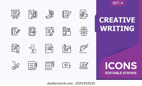 Creative writing vector line icon set. Contains linear outline icons like idea, bookstore, pen, notepad, novel. Expanded stroke. Minimalistic icon collections.