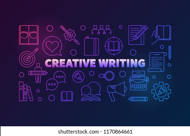 Creative writing vector outline colored horizontal illustration on dark background