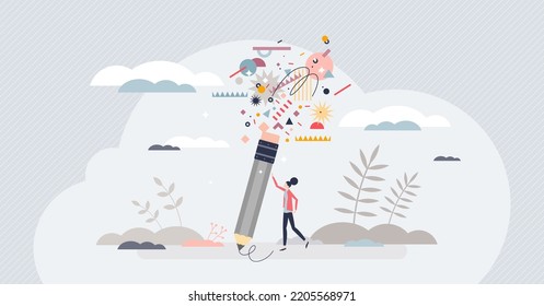 Creative writing and versatile topics author art work tiny person concept. Various styles for freelancer poem, prose, novel or books vector illustration. Fun, exciting and motivational things typing.