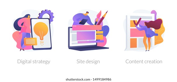 Creative writing, web development and mobile advertising flat icons set. Outbound marketing. Digital strategy, site design, content creation metaphors. Vector isolated concept metaphor illustrations