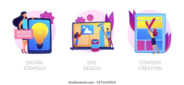 Creative writing, web development and mobile advertising flat icons set. Outbound marketing. Digital strategy, site design, content creation metaphors. Vector isolated concept metaphor illustrations