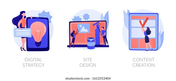 Creative writing, web development and mobile advertising flat icons set. Outbound marketing. Digital strategy, site design, content creation metaphors. Vector isolated concept metaphor illustrations