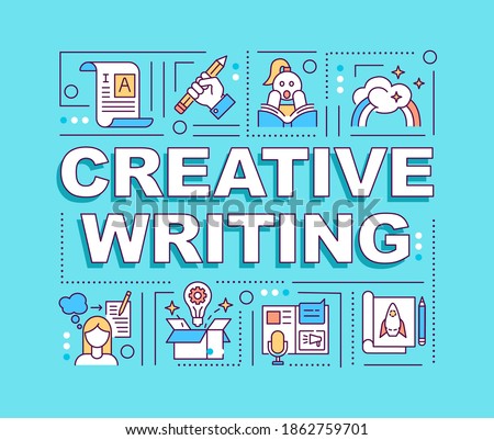 Creative writing word concepts banner. Journalistic literature. Expresses ideas. Infographics with linear icons on blue background. Isolated typography. Vector outline RGB color illustration