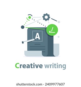 escritura creativa, lectura sumaria, informe breve, concepto de asignación, términos y condiciones del contrato, prueba de educación, preparación de exámenes