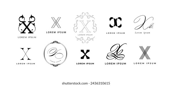 Emblema de Creative X. Letra x monograma para la marca vintage y moderna. Conjunto de iconos vectoriales de plantilla inicial de nombre de negocio. Diferentes tipos de lujo y elegantes de diseño de etiquetas de colección aislada