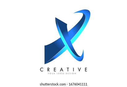 Creative X letter logo with Blue 3D bright Swashes. Blue Swoosh Icon Vector Illustration.