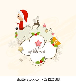 Creative xmas ornaments and clouds decorated greeting card design with cute little santa girl for Merry Christmas celebrations.
