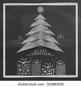 Creative Xmas Tree with beautiful wrapped gifts on chalkboard background for Merry Christmas celebration.