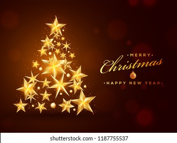 Creative Xmas tree made by shiny golden stars on brown background for Christmas and New Year celebration.