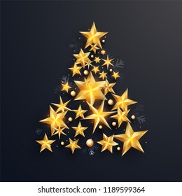 Creative Xmas tree made by shiny golden stars on black background for Christmas celebration.
