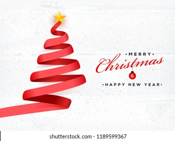 Creative Xmas tree made by red ribbon on white textured background for Merry Christmas and New Year celebration concept.