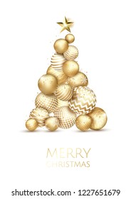 Creative Xmas tree made by shiny golden balls on white background for Christmas and New Year celebration.