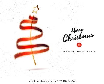 Creative Xmas tree made by red ribbon on white background for Merry Christmas and New Year greeting card design.