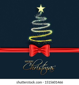 Árbol de Navidad creativo hecho con efecto de luz brillante con cinta de arco rojo en fondo azul para la celebración de Feliz Navidad.