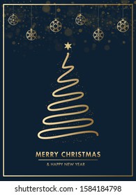 Creative Xmas tree made by spiral golden glittering with Snowflake Baubles hanging on blue background for Merry Christmas & Happy New Year template design.