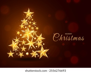 Creative Xmas tree made by shiny golden stars on brown background for Merry Christmas celebration.