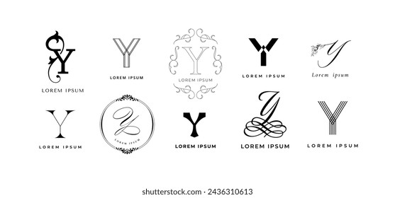 Creative Y emblem. Letter y monogram for vintage and modern branding. Business name initial template vector icon set. Abstract minimalistic and flourish isolated elements, identity labels