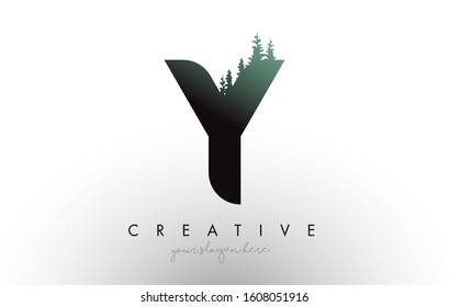 Creative Y Letter Logo Idea With Pine Forest Trees. Letter Y Design With Pine Tree on TopVector Illustration.