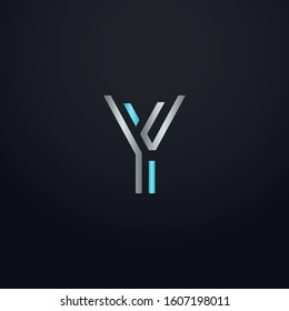 Creative Y letter with maze linear style. Modern logo symbol for business corporate. Blue and white logo on blue dark background. Square shape, colorful, linked and technology. Unusual design vector.