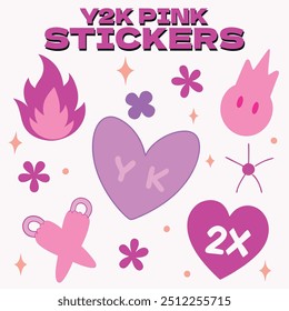 Creative Y2K badge designs with groovy typography, vintage icons, and aesthetic geometric figures