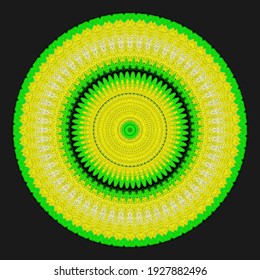 Kreativ gelbe grüne Punkte rundes Symbol. Abstraktes symmetrisches Logo. Mosaik grüne Perlen. Circle ist das Symbol der modernen Pixelfloralkunst. Gelbes Muster-Zierrad dekorative Abbildung eps10.