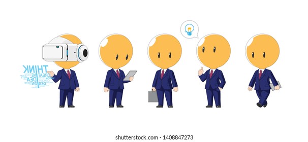 Creative yellow light bulb head businessman in navy blue suits with eyes. Cute flat cartoon comic character concept design in virtual reality, read tablet, eye contact, thinking and walk. vector