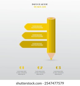 Kreative gelbe Bleistift Infografik Vorlage mit 3 Schritten, Optionen, Teile oder Prozesse.