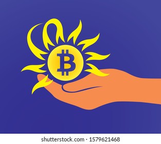 Creative yellow sun and bitcoin in hand icon isolated on blue gradient background.