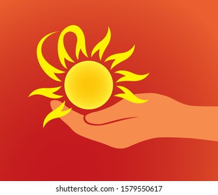 Creative yellow sun with hand icon isolated on red gradient background.