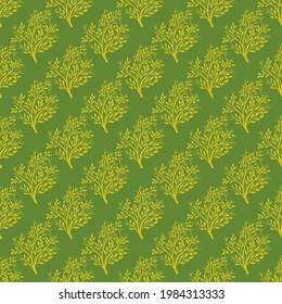 Creative yellow tree forest seamless doodle pattern in hand drawn floral style. Green background. Nature shapes. Stock illustration. Vector design for textile, fabric, giftwrap, wallpapers.
