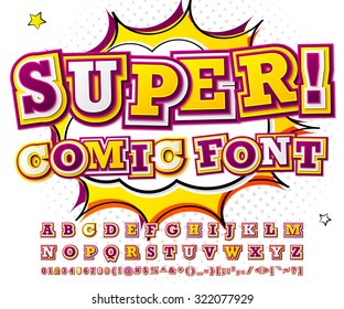 Creative yellow-purple high detail comic font. Alphabet in style of comics, pop art. Multilayer funny colorful letters and figures for decoration of kids' illustrations, posters, comics, banners